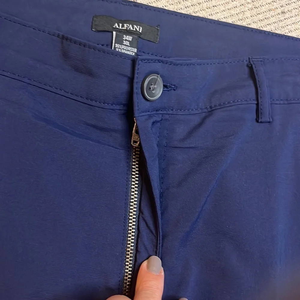 👤 Alfani blue hybrid flat front reflective back pockets pants, 34x30